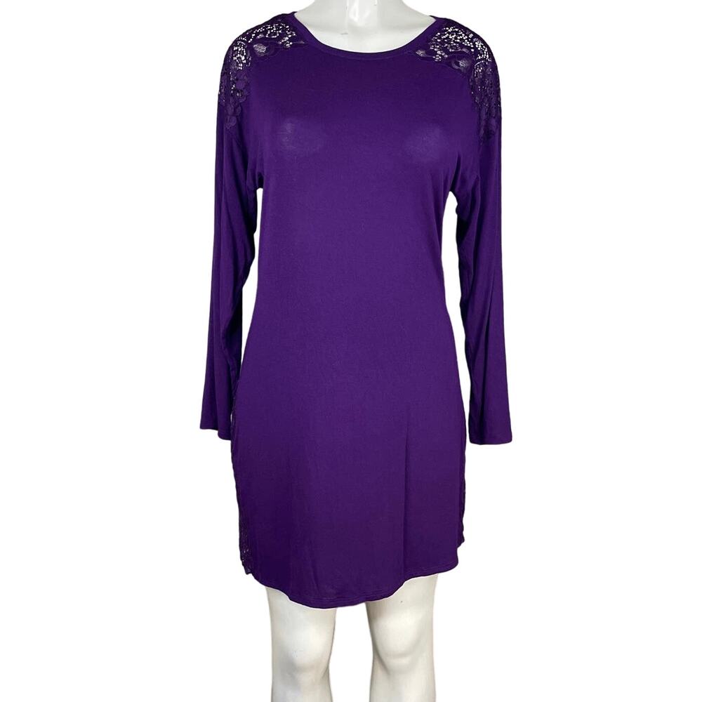 Josie Natori Modal Sleepshirt Lace Long Sleeve Nightgown Purple SZ Small